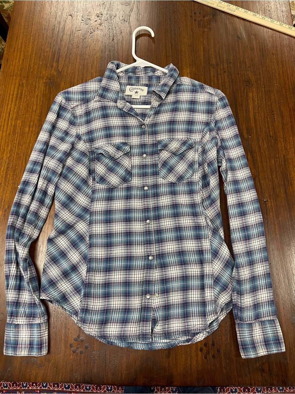 Converse Men's Navy and White Plaid Button-Down Shirt